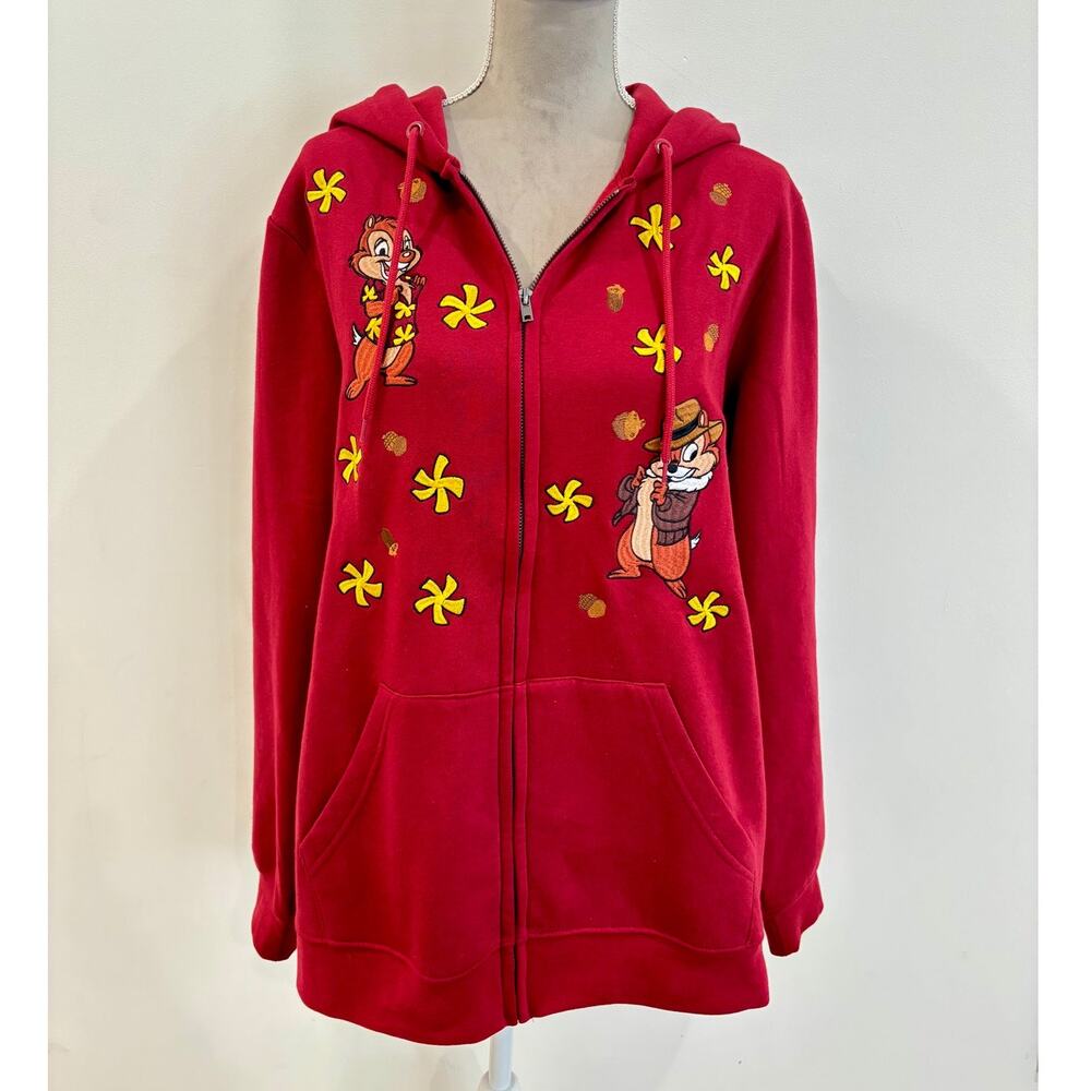 NWT Disney Chip & Dale Red Zip-Up Hoodie Embroidered Cozy Cartoon Sweatshirt L